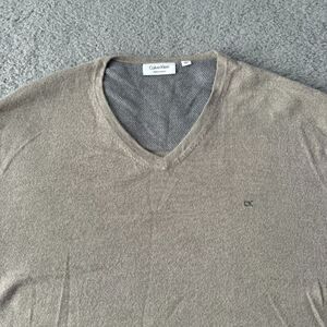 NEW Calvin‎ Klein Sweater Mens 2XL XXL Beige Italian Merino Wool V-Neck Classic
